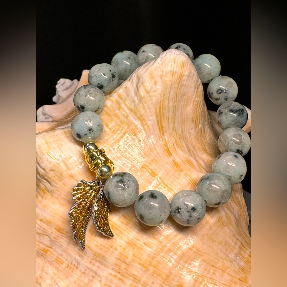 KIWI JASPER + ANGEL WINGS NATURAL BRACELET size 7”